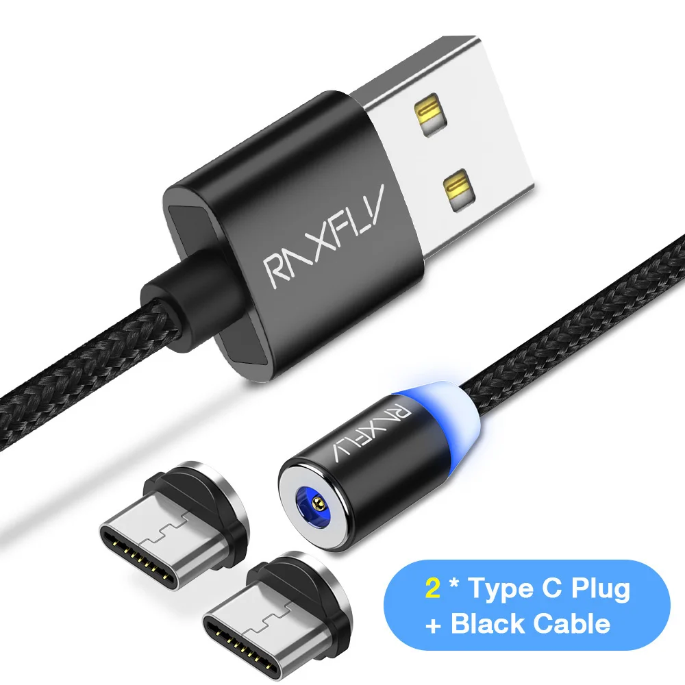 Black TypeC 2Plugs Магнитный кабель RAXFLY Micro usb type C кабель для iPhone 11 Pro Max Xiaomi Redmi провод для быстрого заряда 1 м светодиодный магнитный кабель для зарядки - Цвет: Black TypeC 2Plugs