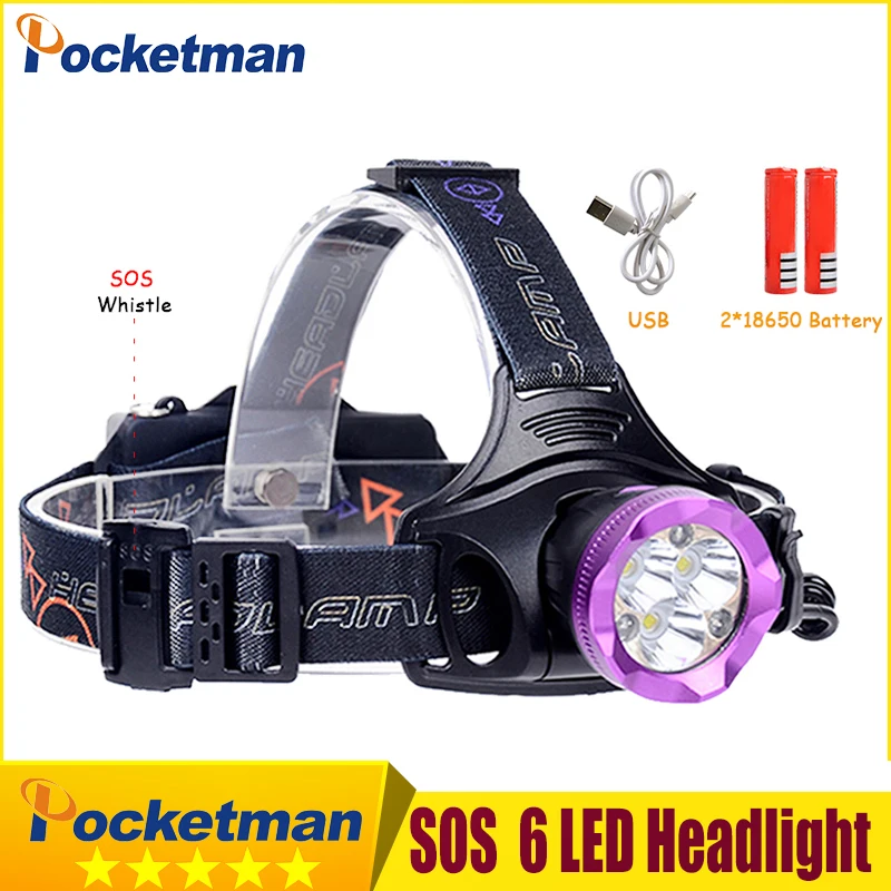 

USB headlight 15000lm 6 Led Headlamp with SOS Whistle 3* T6+3 Red light Lamp use 18650 Battery for Camping Hiking z50