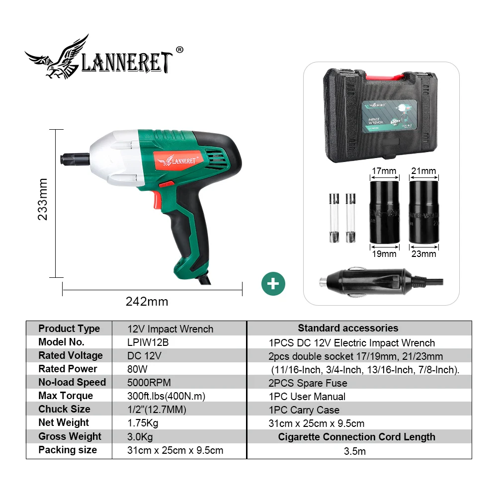 LANNERET 12v Car Electric Wrench 80W Impact Wrench Electric Tire Repair Tool Torque Adjustable LED Plate with 2pc Double Sleeve LANNERET 12v Car Electric Wrench 80W Impact Wrench Electric Tire Repair Tool Torque Adjustable LED Plate with 2pc Double Sleeve