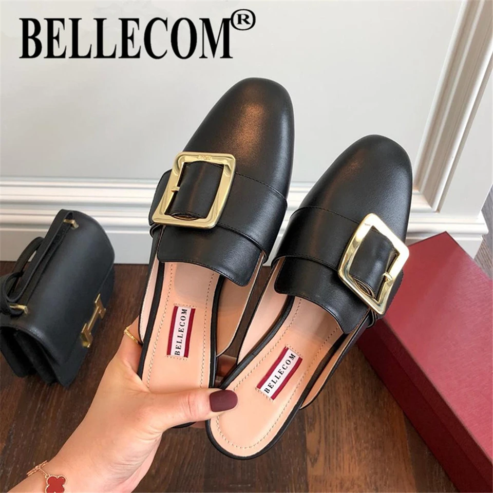 

BELLECOM Summer muller shoes flat European and American leather round head joker fashion baotou half slippers woman