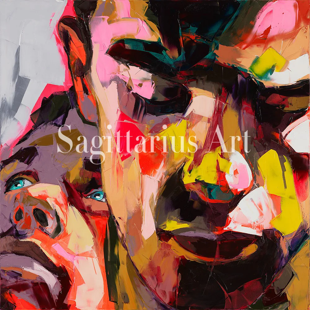 

Francoise Nielly Designer Hand Painted Cool Face Art Palette knife portrait Untitled 55 Oil painting canvas Living Room Wall Art