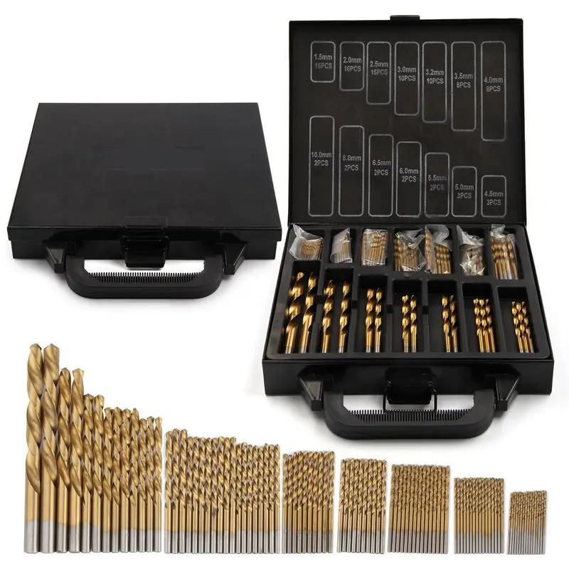 

Woodworking Iron Box packing 99pcs HSS Twist Drill Bits Set 1.5-10mm Titanium Coated Surface 118 Degree Electrical Drilling