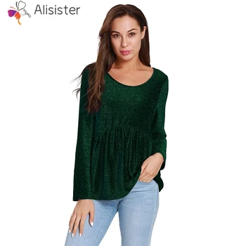 

2019 New Women Long Sleeve T Shirts Metallic Feel Solid Color Ruffle Loose T Shirt Tops Female Gray Black Club Casual Tee Shirts