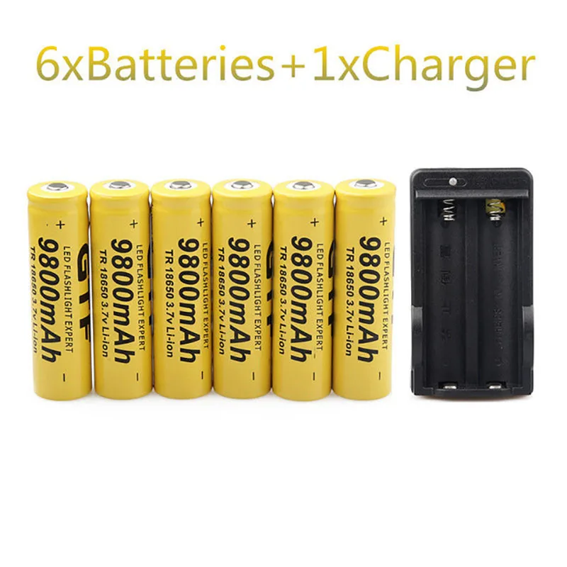 

GTF 6PCS 3.7V 18650 Batteries 9800mAh Li-ion Rechargeable Battery For Flashlight +EU/US Battery Charger