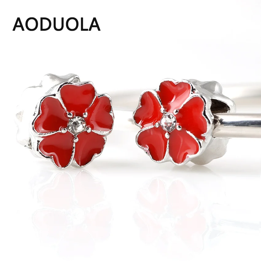 

10 Pcs a Lot Copper Flower Beads Red Enamel Heart Flower Silver Plated DIY Metal Bead Charm Fit For Pandora Charms Bracelet