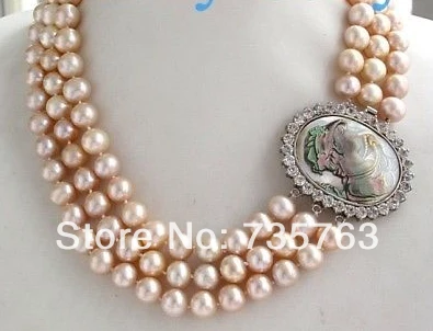 

xiuli 001095 3 Strands 9-10mm Pink Round Freshwater Pearl Necklace Carved Shell Cameo