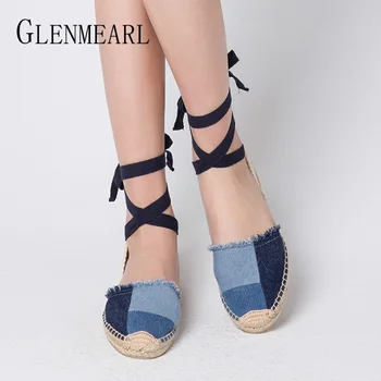 

Brand Women Flats Fisherman Shoes denim Casual Shoes Summer Spring Lace Up Ankle Strap Woman Sneakers Round Toe Female Flat Shoe