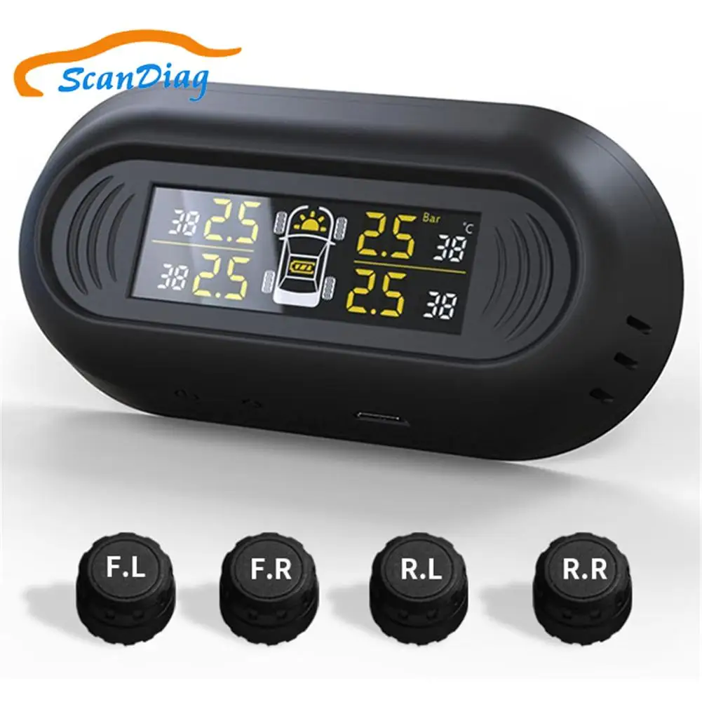 Wireless tpms car tire pressure alarm monitor system display 4 external Solar Charging HD Digital LCD Display Auto Alarm System |