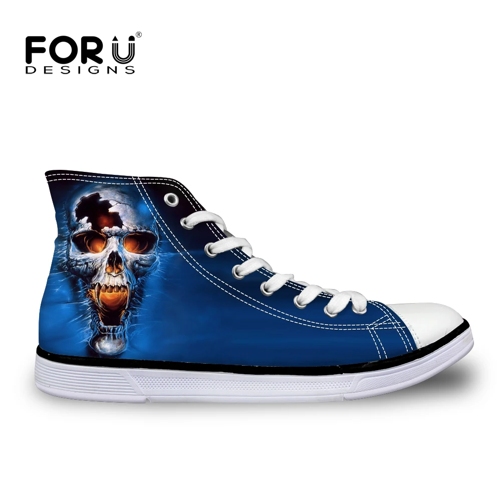 ФОТО FORUDESIGNS Blue 3D Skull Men Basic Canvas Shoes Summer Breath Mens Casual Flats Male Shoes Zapatos Hombre High Top Man Shoes
