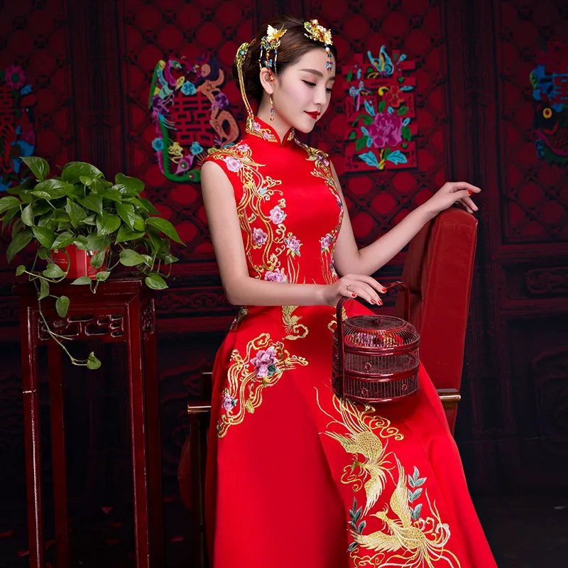 Современный Cheongsam красные топы женщина 2018 невесты в традиционном китайском стиле Qipao свадебное платье Тан костюм для Для женщин феникс