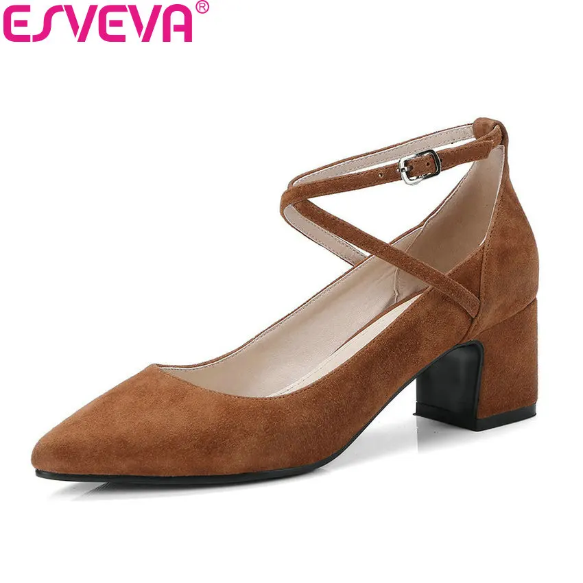 

ESVEVA 2018 Women Pumps Elegant Pointed Toe Buckle Strap Cross-tied Square High Heels Pumps Kid Suede PU Ladies Shoes Size 34-39
