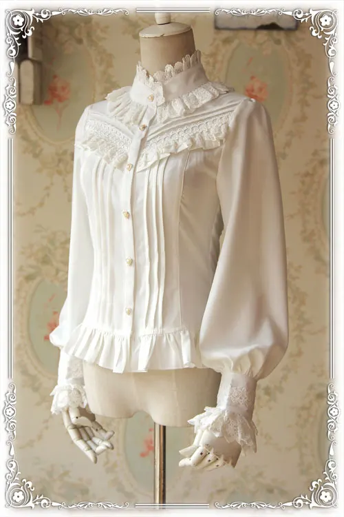 

Infanta Branded Thick Women's Blouse Classic White/Black Stand Collar Long Puff Sleeve Chiffon Shirt