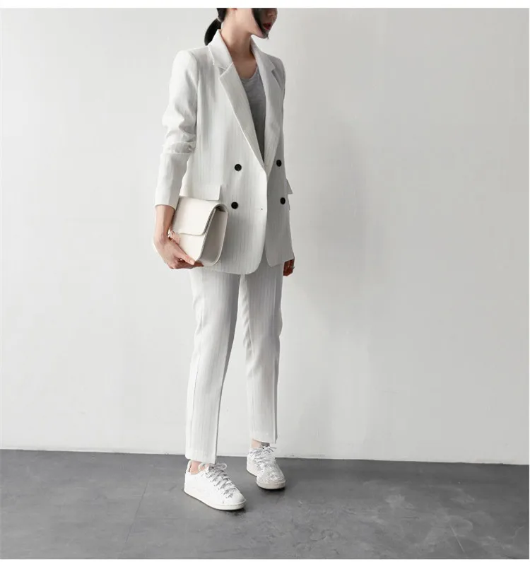 

2019 Spring Women Work Pant Suits Striped Blazer Jacket & Zipper Trousers Suit 2 Piece Sets Double Breasted Casual Suit