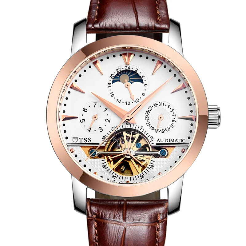 

TSS T8030 Aviation pilot skeleton watch hollow Tourbillon Moon phase sapphire men 's automatic mechanical watch Genuine Leather