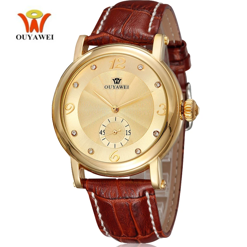 

OUYAWEI Classic Small Second Business Gold Watch Leather Luxury Diamond Automatic Mechanical Watches for Men Waterproof Clock