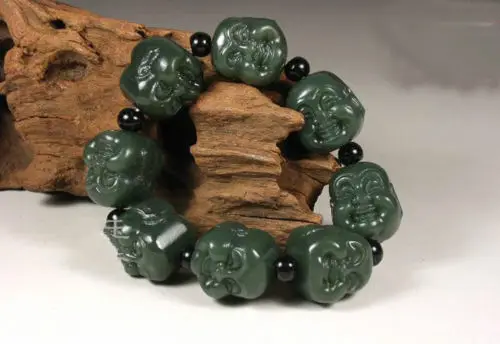 

N1498 Hand-carved Natural Jade Buddha Head Buddhist Prayer Bead Bracelet Amulet hot7)