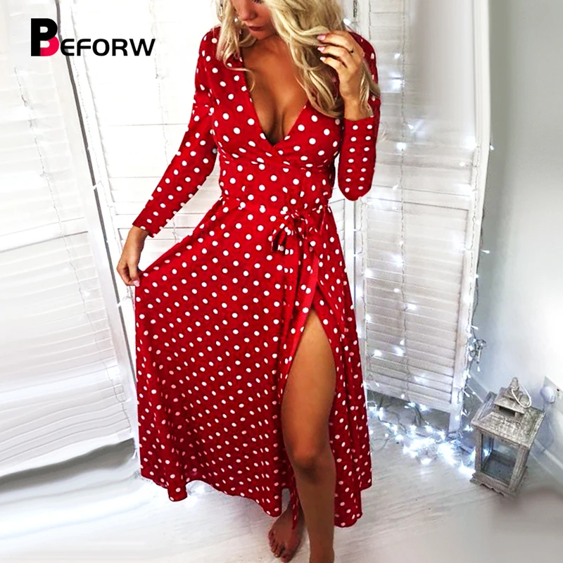 BEFORW Elagant Ruffles Women Dress Vestidos Sexy V Neck Polka Dot Print Dresses Long Sleeve Lace Up Party Maxi Dress Female