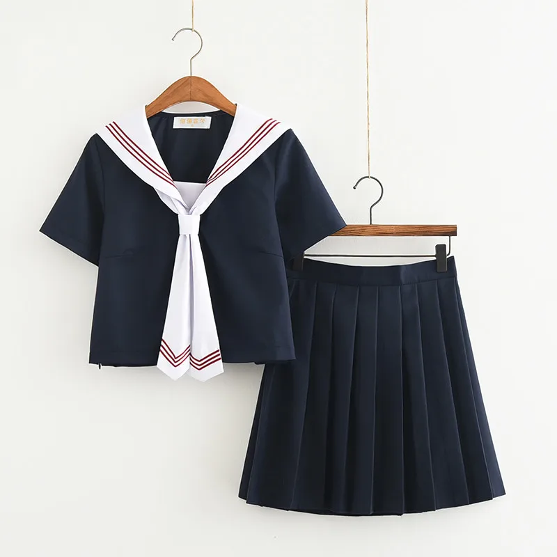 

Dark Blue Japanese School Uniforms For Women Korean Navy Sailor Cotton Formal Uniform Schoolgirls Tops Tie Pleated Skirt Sets