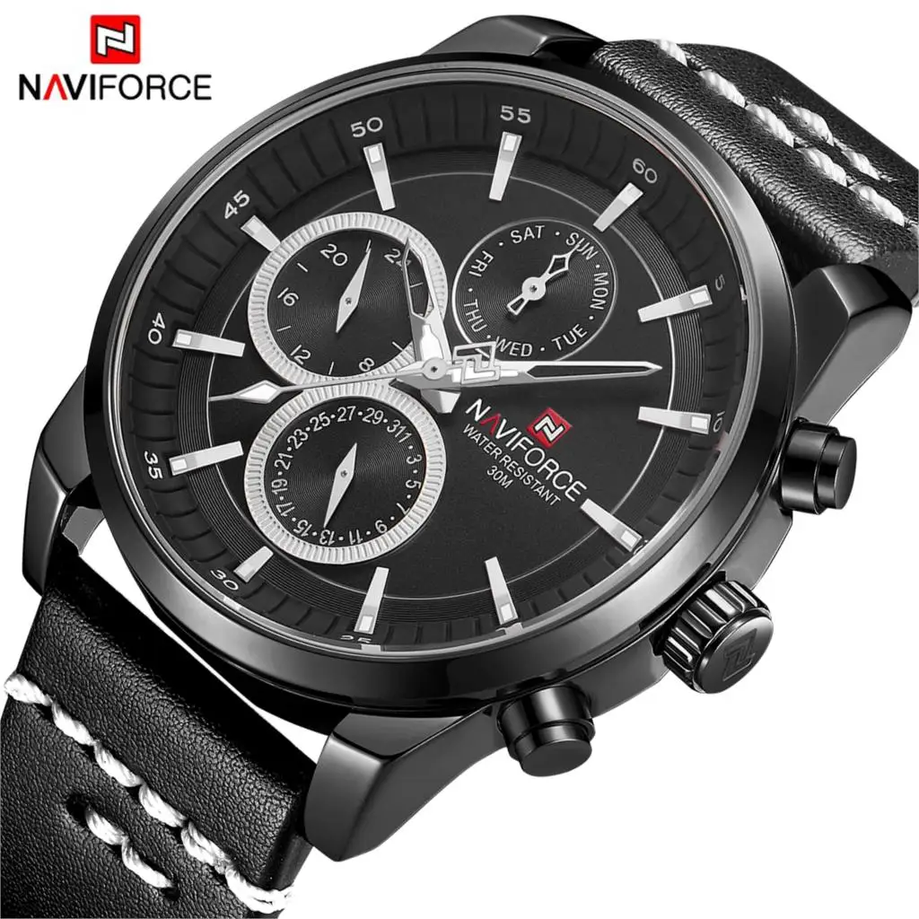 

2023 NAVIFORCE Men Sport Watch Luxury Brand New Quartz Week Date 3Bar Waterproof Leather Male Clock NAVI FORCE Black Blue Gold