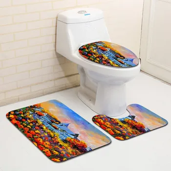 

3 pieces/Set Print Beautiful Scenic Pattern Bath Mat Flannel Contour Rug Lid Toilet Cover Carpet Bathroom Set
