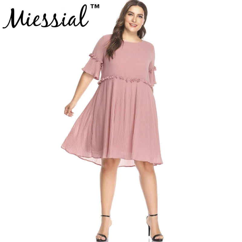 

Miessial Dress 2018 Women's Ruffle sleeve Dresses Pleated Chiffon Dress Fashion Midi Women Dresses Plus Size Female Vestidos