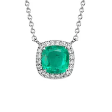 Halo Design Cushion Cut 0.8CT Natural Emerald Pendant Green Gemstone 14k White Gold Diamond Accents Pendant Necklace Chain