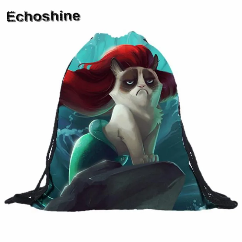 

2016 New Drawstring Backpack Polyester Cat Horse Printing Travel Softback Man Women Vintage Beach Bag B05