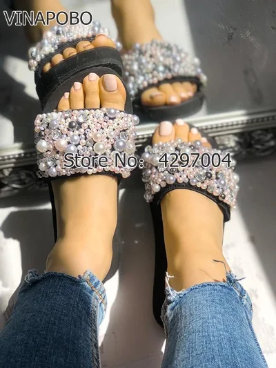 

suede leather open toe slides 2018 crystal beading platform Wedges sandals women handmade string bead flip flops beach slipppers