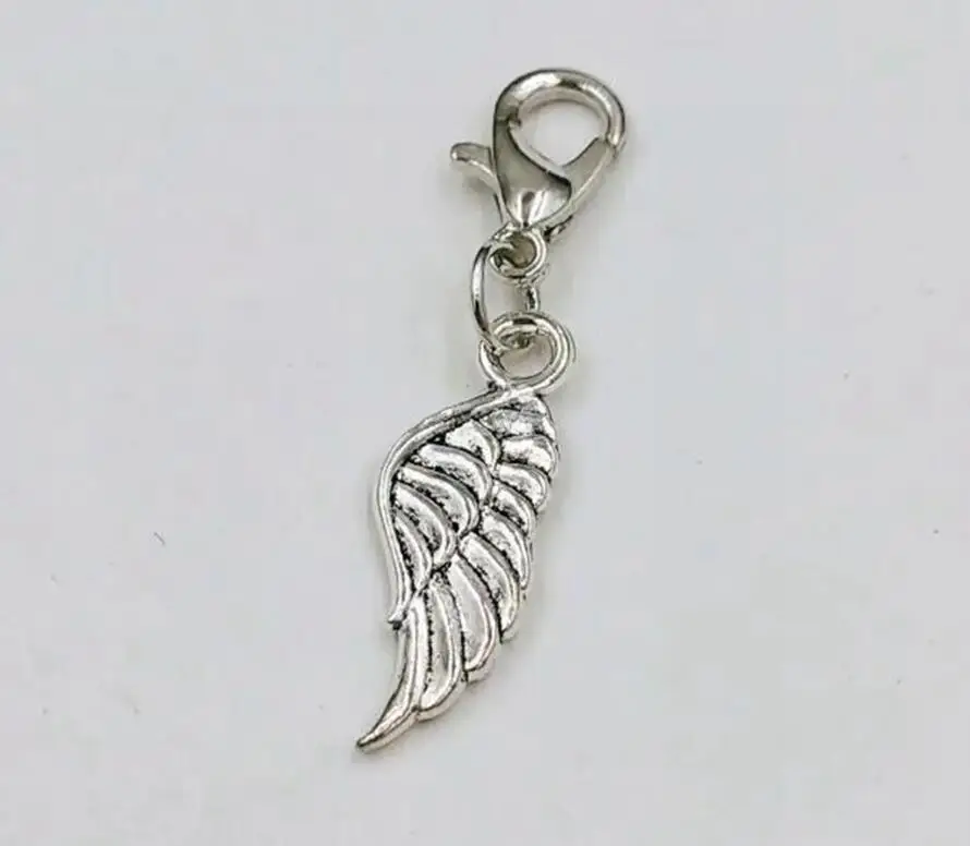 10pcs Vintage Silver Angel wing feather with lobster clasp charm
