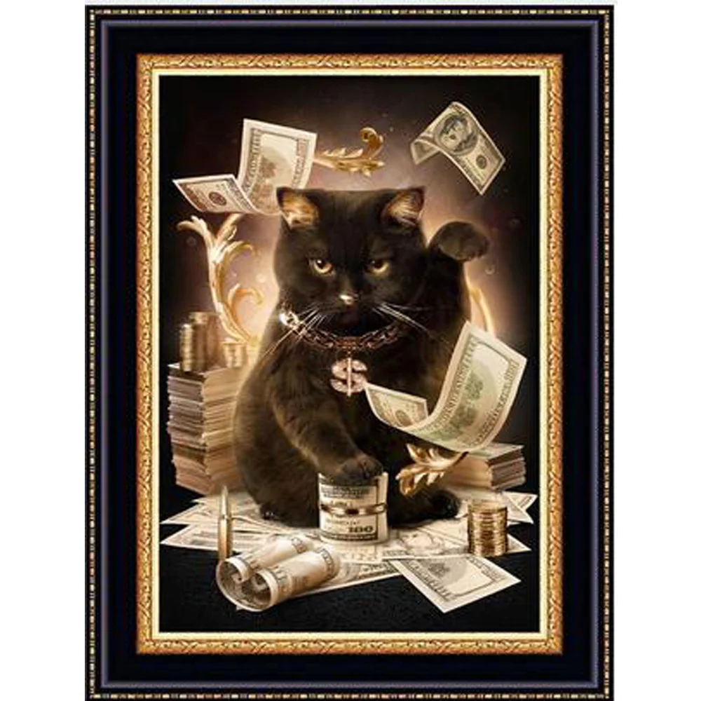 

Cat with Cash Pattern Full Diamond Embroidery DIY Needlework 5D Mosaic Round Diamond Painting Cross Stitch Home Decor KL169