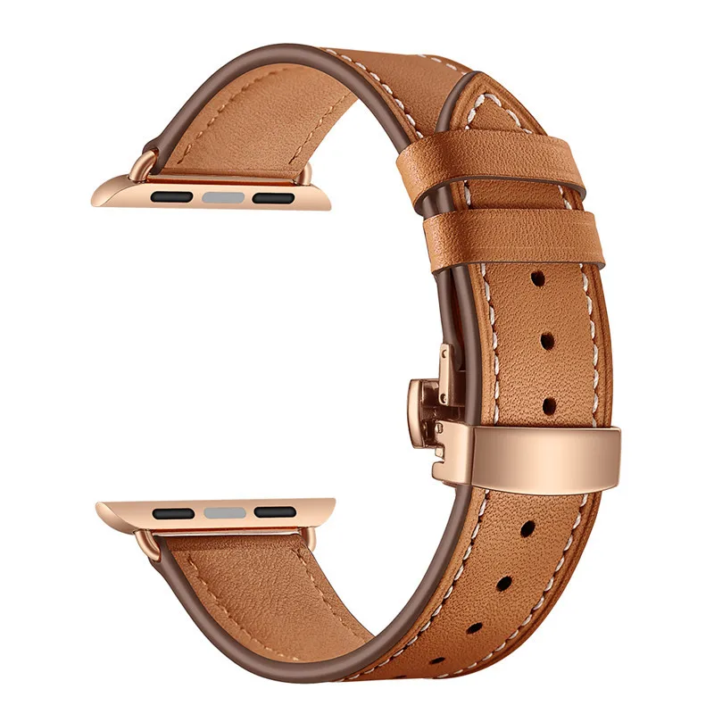Розовое золото застежка-бабочка кожаный ремешок для наручных часов Apple Watch 38 мм 42 мм для наручных часов iWatch, мода, сменный ремешок для наручных часов, ремешок для часов - Цвет: Brown Gold