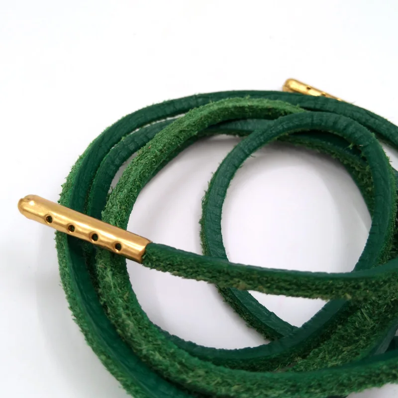 1-12Pairs Green Mens Fashion Quality Genuine Top Layer Leather Shoelaces Retro Leather Boot Shoes Shoestring Metal Head Shoelace
