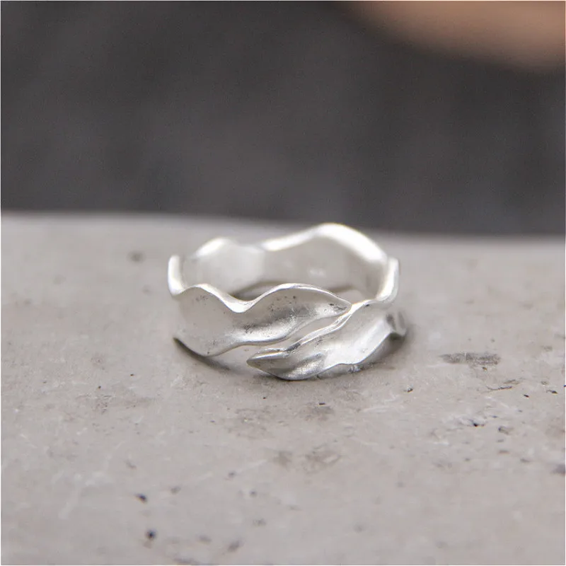 

100% Real Pure 925 Sterling Silver Rings For Women Personality Water Wave Concave Surface Open Rings Elegant Jewelry Ring