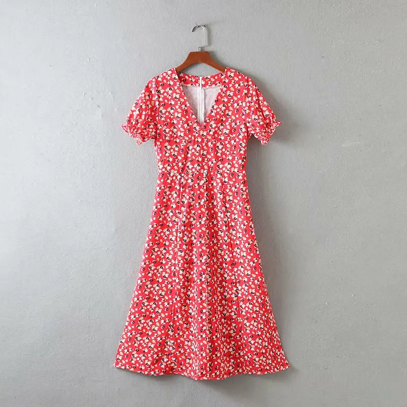 

2019 new women v neck short sleeve flower print buttons midi dress elegant puff sleeve vestidos casual slim chic dresses DS2144