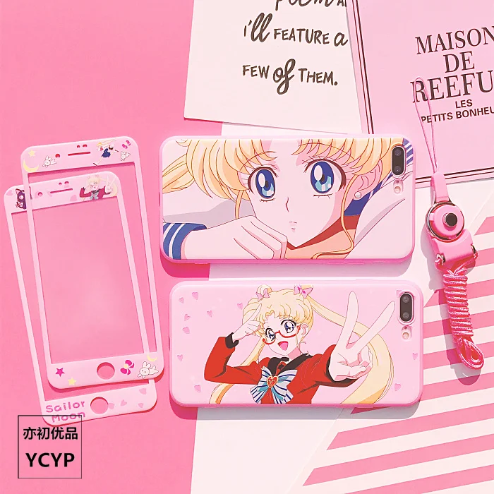 

For iphone X Cute Sailor Moon Case +Tempered Glass Screen film for iphone 7 8 8plus 6 6S plus Pink cover + Strap +Metal Gift box