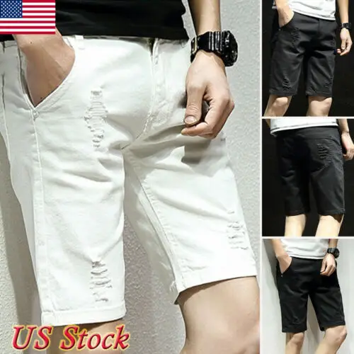 

Men's Slim Fit Stretch Denim Shorts Jeans Flat Front Half Trouses STOCK