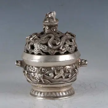 

Chinese Tibetan silver hand carved Dragon Incense Burner w Da Ming Xuande Mark