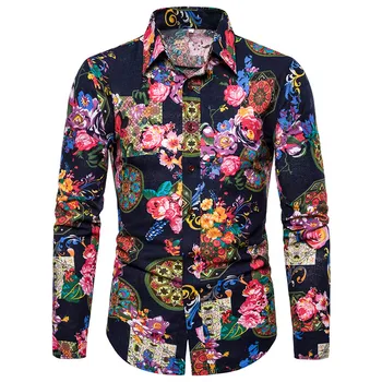 

Floral Cotton Linen Shirt Men Camisa Masculina 2019 Brand Slim Fit Long Sleeve Mens Dress Shirts Business Casual Social Shirt