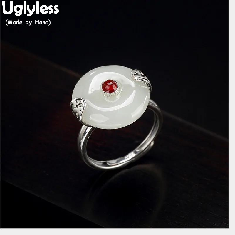 

Uglyless 100% Real Solid 925 Sterling Silver Leaf Open Rings for Women Ethnic Fine Jewelry Natural Jade Button Finger Ring Gems