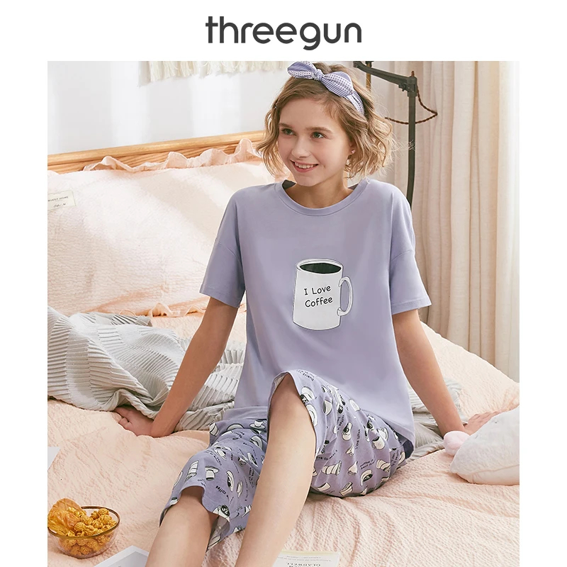 

THREEGUN Pijama Women Cute Sweet Girls Print Pajama Set Casual Summer Short Sleeve Sleepwear Pajamas Loose Pyjama Femme