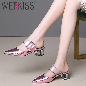 

WETKISS Summer Slippers Emboss Leather 2019 New Women Slides Shoes Crystal Heels Mules Shoes Ladies Transparent Pvc Shoes Female