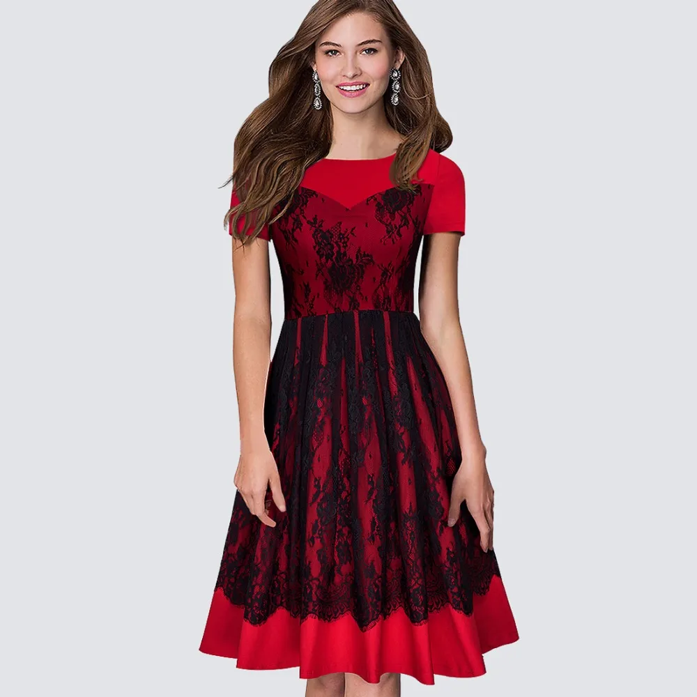 

New Summer Style Ladylike Elegant Vintage Floral Lace Patchwork Short Sleeve Party Dress Womens Red Swing A-line Dress A022