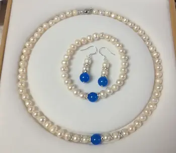 

8-9MM White Akoya Cultured Pearl/Blue Jade bracelets necklace earrings set Nobox