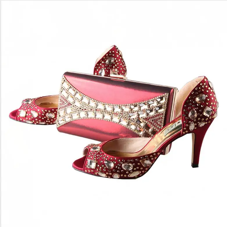 Красные стразы; комплект из обуви и сумочки в африканском стиле; свадебные туфли для невесты; женская обувь на высоком каблуке; D'Orsay; большие размеры; BS009 - Цвет: winered