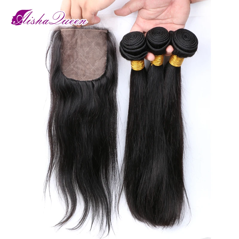 

Aisha Queen Straight Brazilian Human Hair 3 Bundles with 1 Silk Closure 4x4 Natural Black Remy Hair Free Shipping