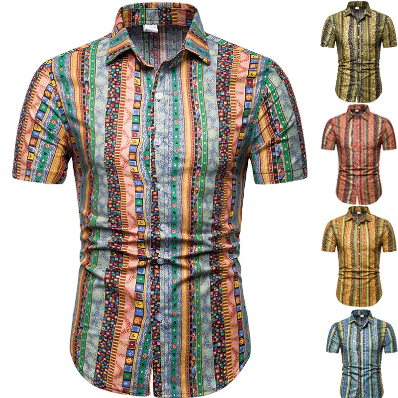 Принт в этническом стиле большой размер Повседневная тонкая рубашка мужские с коротким рукавом Летний Пляжный Стиль M-5XL мужская повседневная брендовая рубашка
