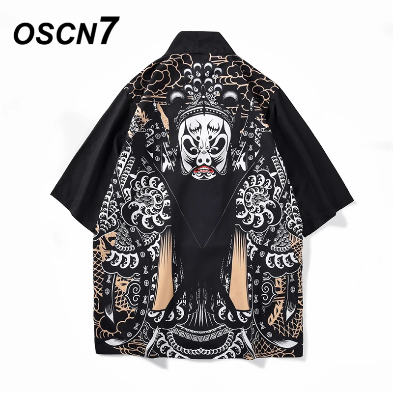 

OSCN7 Printed Kimono Cardigan Shirt Men Street 2019 Korea Three Quarter Sleeve Coat Shirts Harujuku Mens Shirt KHF006