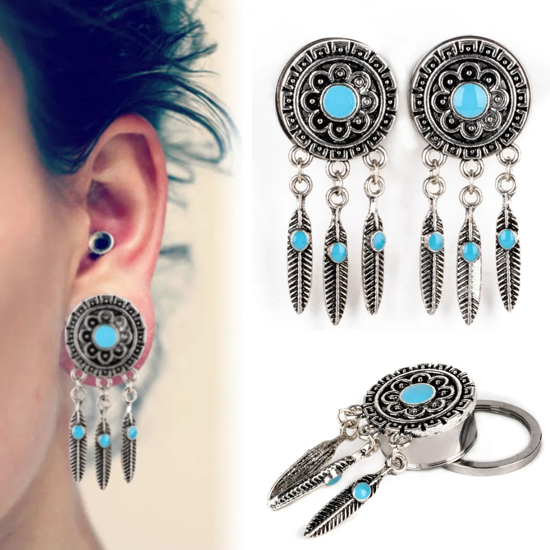 Boho Punk Tassel  Ear Flesh Tunnel Expander 1Pair Vintage Dreamcatcher Feathers Dangle Ear Plug Women Body Piercing Jewelry