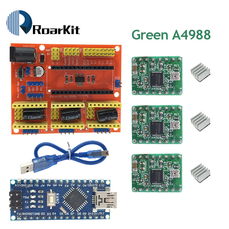 CNC Щит V4 гравировальный станок+ NANO 3,0/3d принтер/A4988/DRV8825/AT2100 Плата расширения драйвера для Arduino Diy Kit - Цвет: A4988 Green KIT