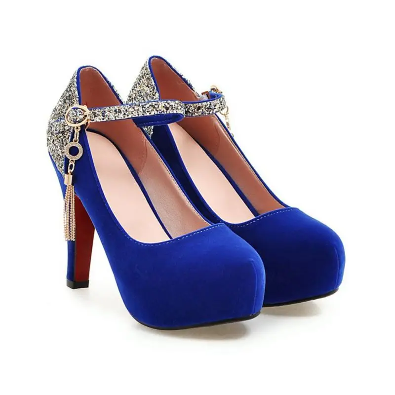 QPLYXCO/ г. Новые женские туфли на высоком каблуке(11 см), большие размеры 32-43 Модные женские туфли-лодочки вечерние свадебные туфли с круглым носком для танцев, A07 - Цвет: Синий